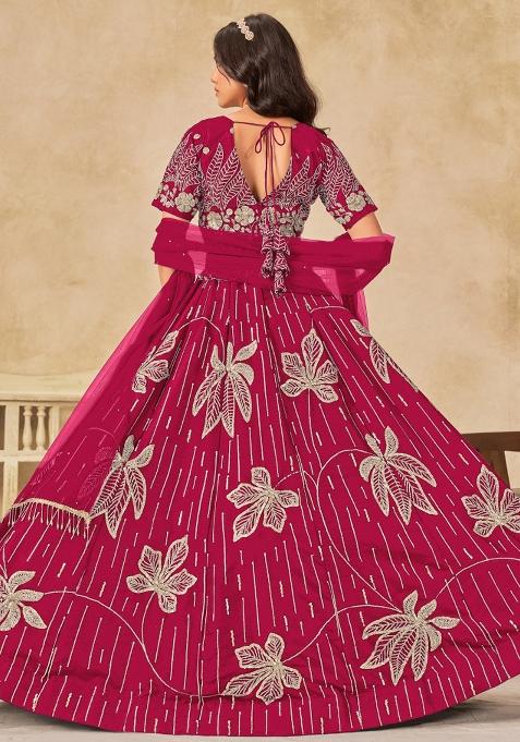 Dark Magenta Embroidered Silk Lehenga Set