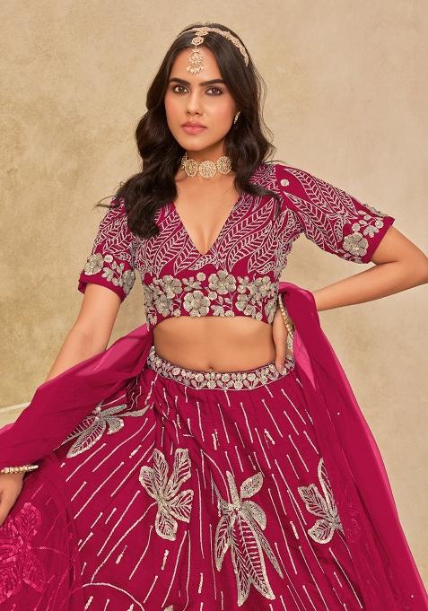 Dark Magenta Embroidered Silk Lehenga Set