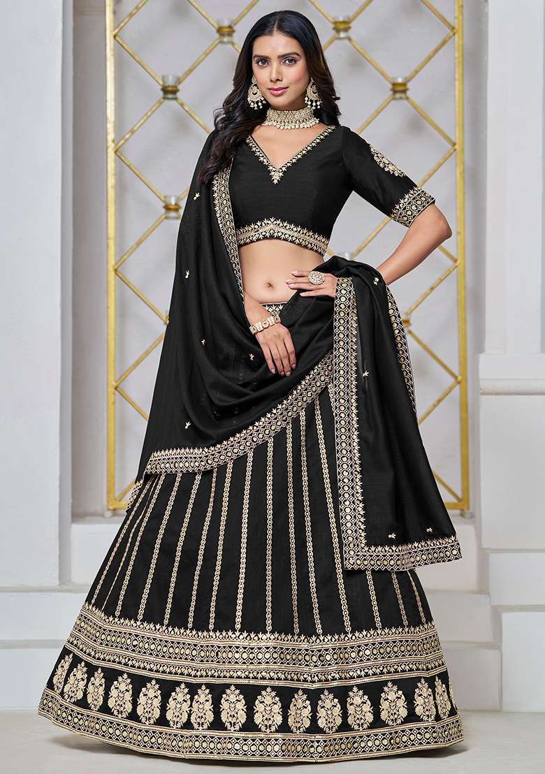 Black Embroidered Art Silk Lehenga Set - Indya