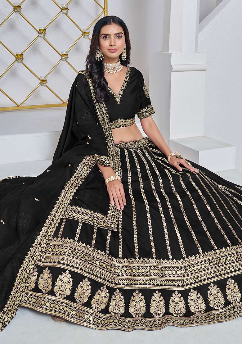 Black Embroidered Art Silk Lehenga Set - Indya
