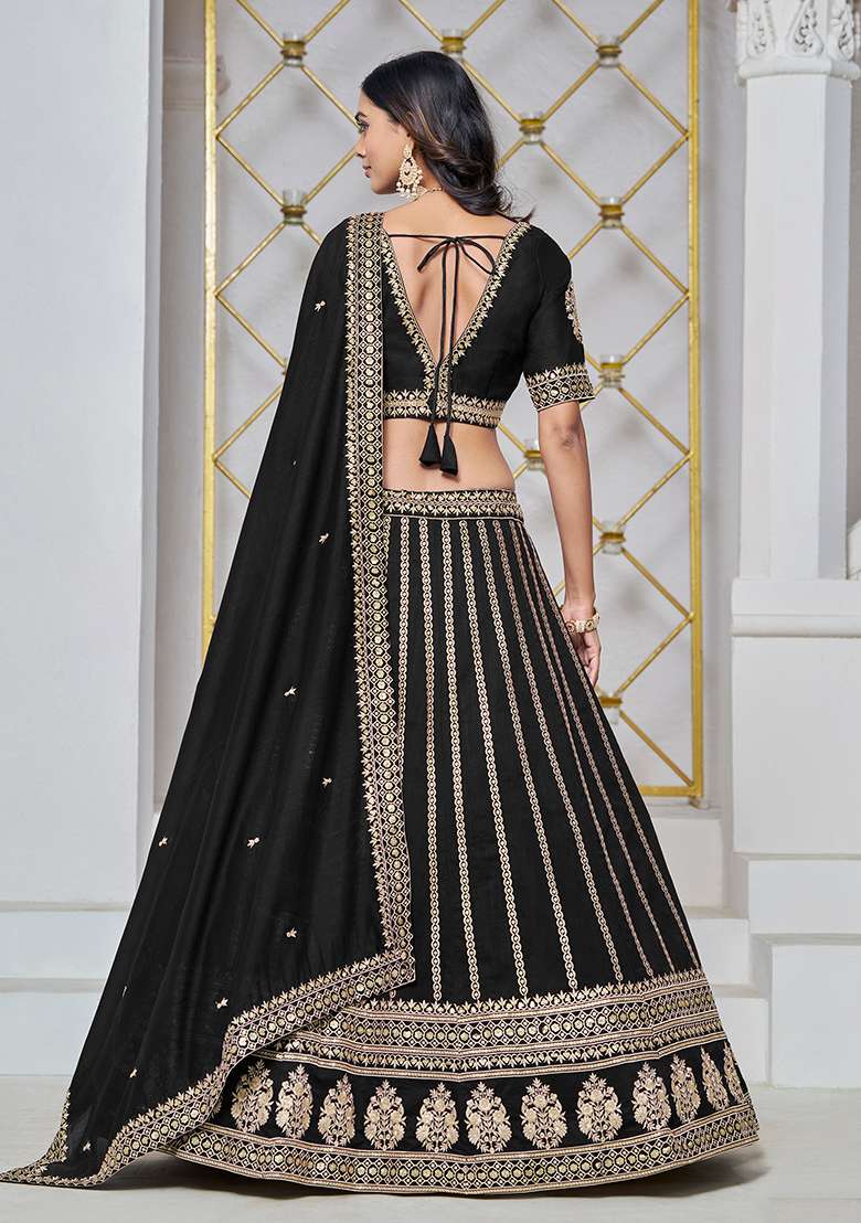 Black Embroidered Art Silk Lehenga Set - Indya