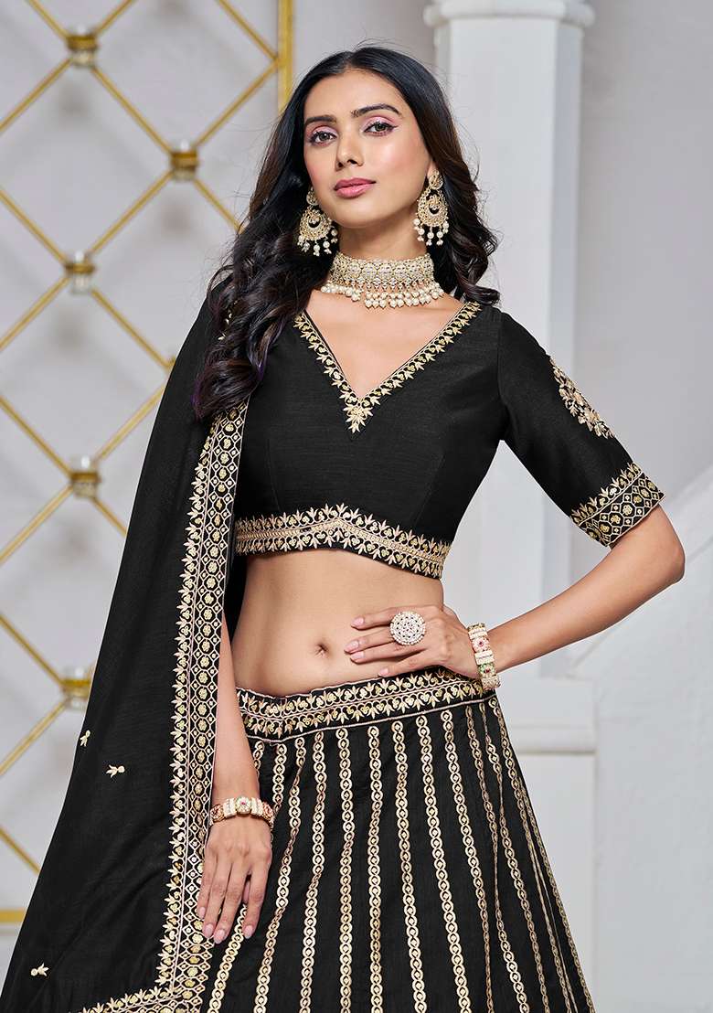 Black Embroidered Art Silk Lehenga Set - Indya