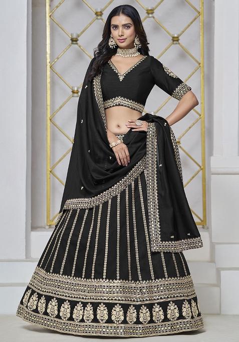 Black Embroidered Art Silk Lehenga Set