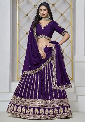 Purple Embroidered Art Silk Lehenga Set