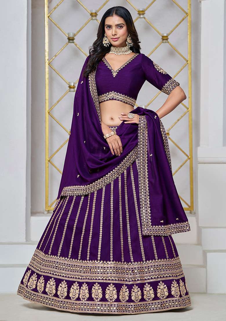 Purple Embroidered Art Silk Lehenga Set - Indya