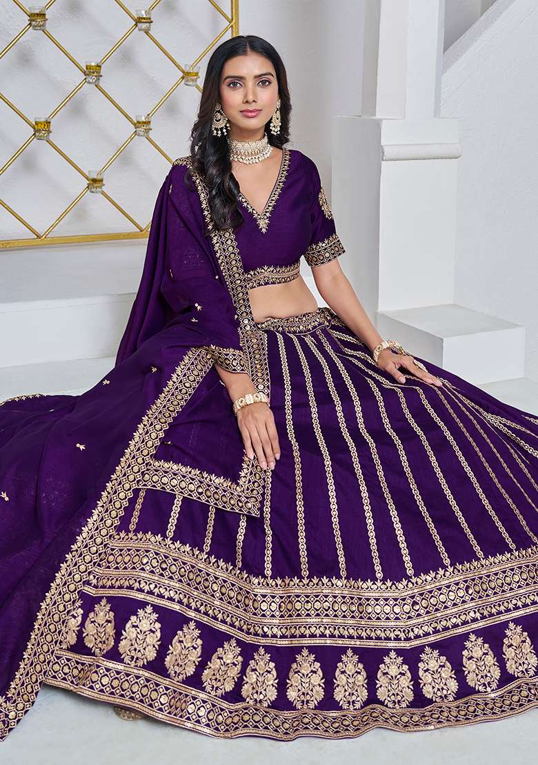 Purple Embroidered Art Silk Lehenga Set - Indya