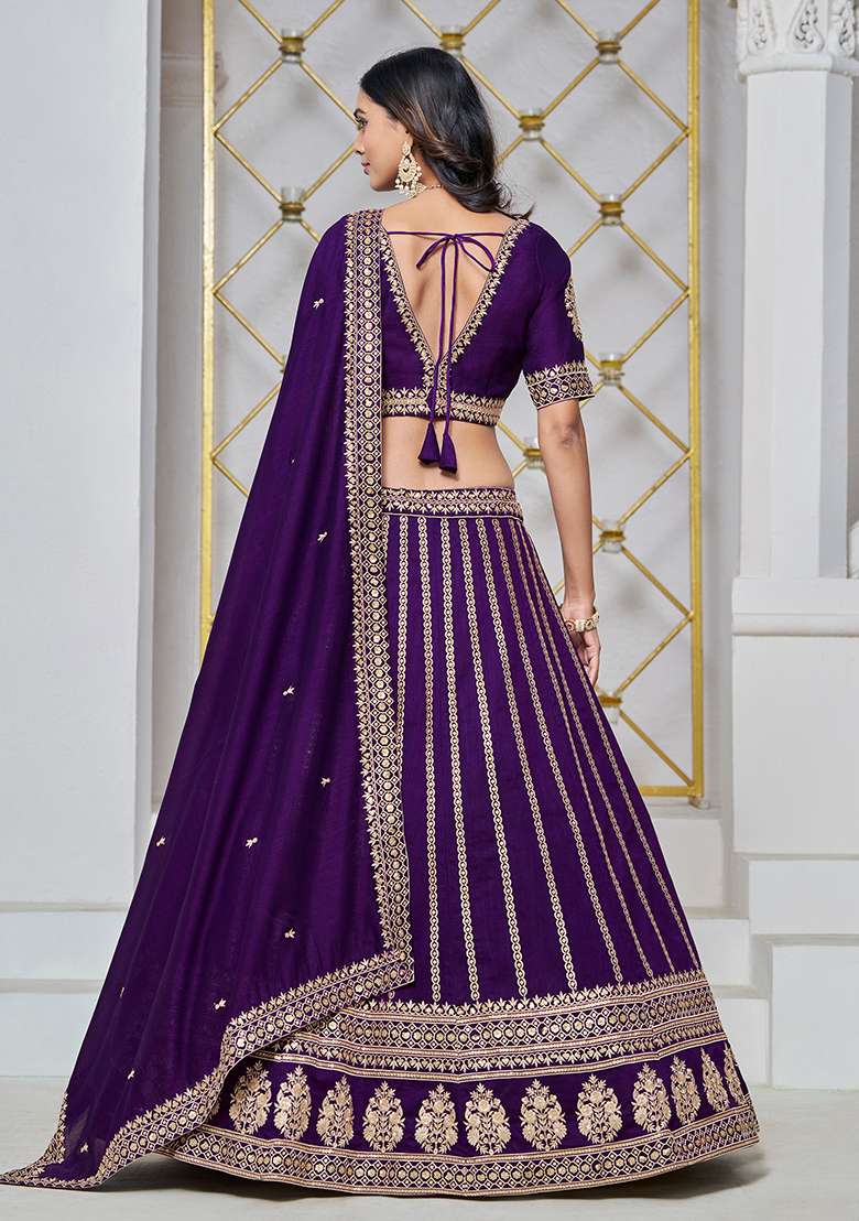 Purple Embroidered Art Silk Lehenga Set - Indya