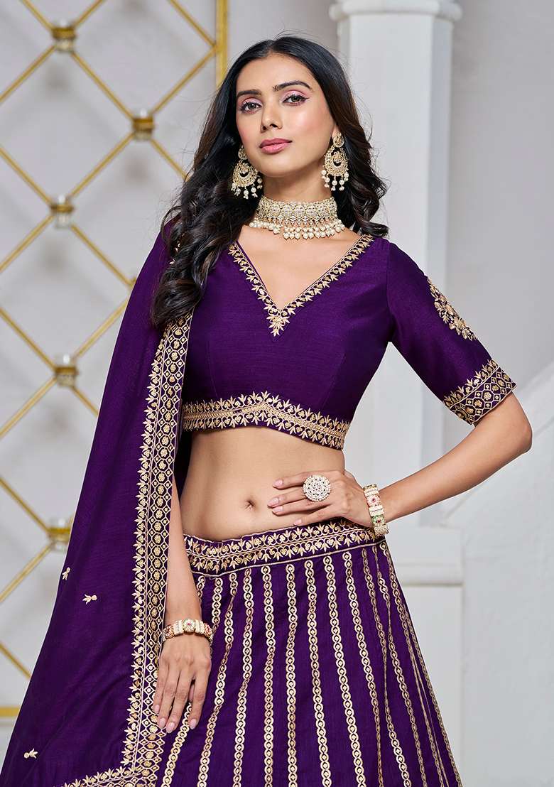 Purple Embroidered Art Silk Lehenga Set - Indya