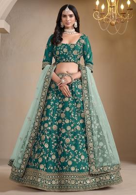 Teal Embroidered Art Silk Lehenga Set