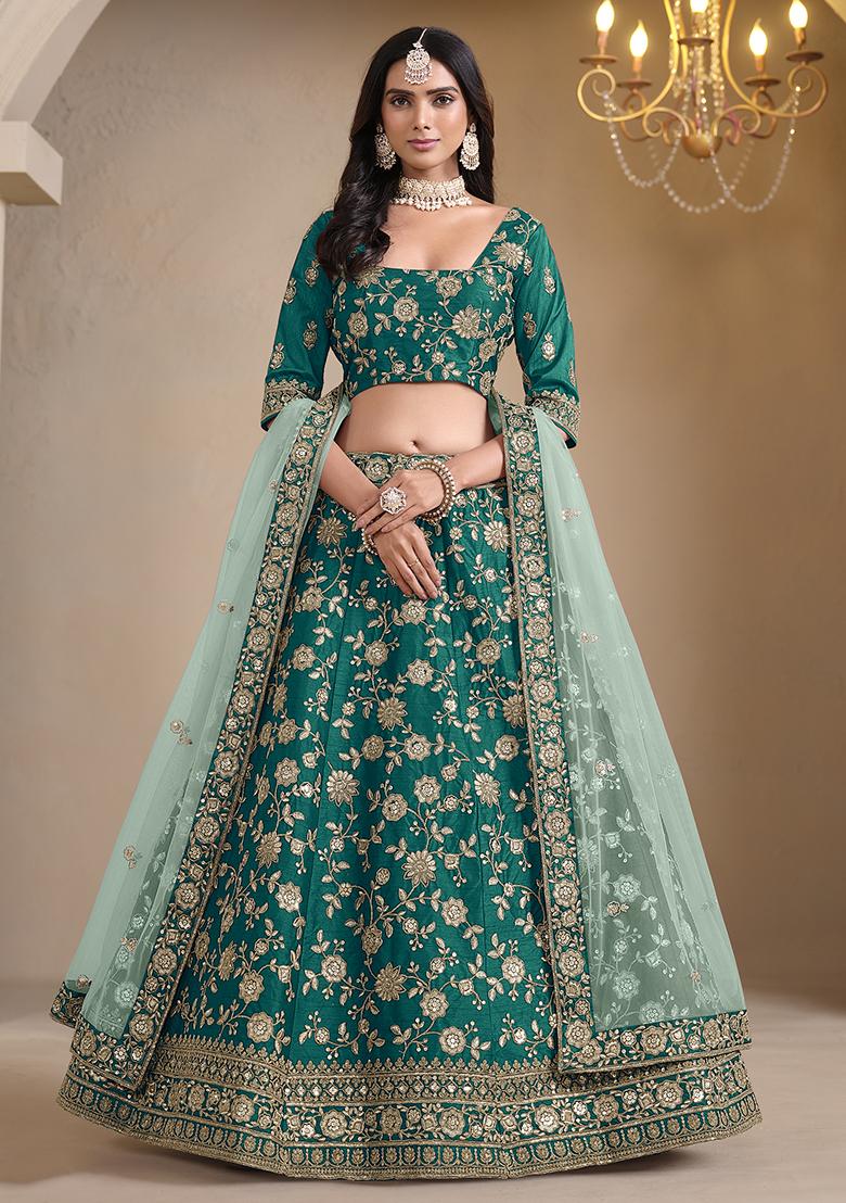 Teal Embroidered Art Silk Lehenga Set