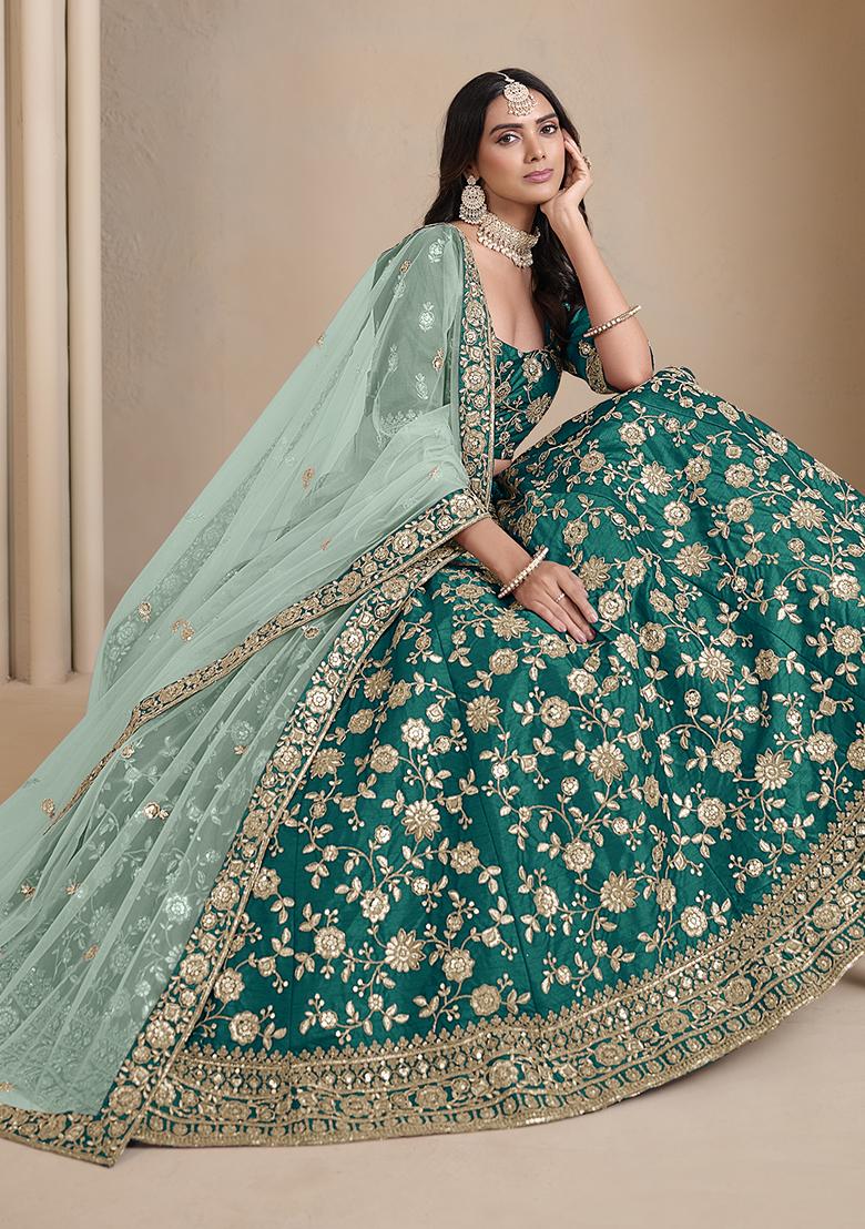 Teal Embroidered Art Silk Lehenga Set