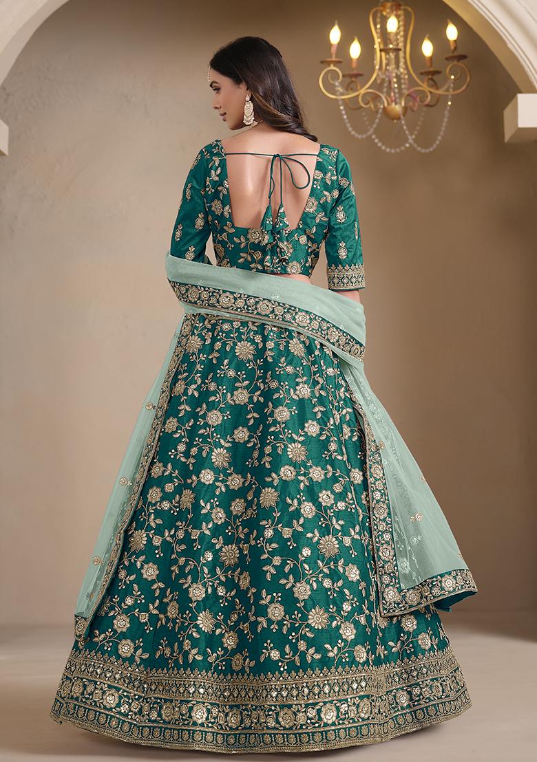 Teal Embroidered Art Silk Lehenga Set