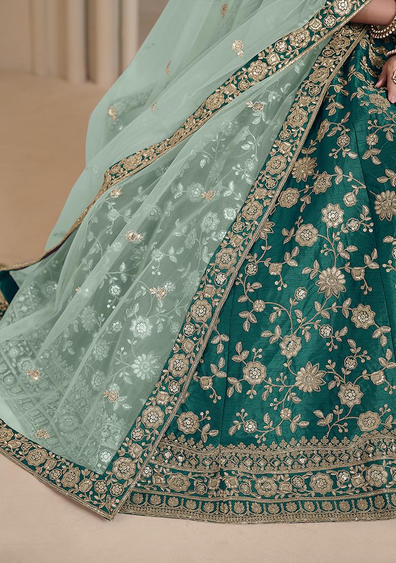 Teal Embroidered Art Silk Lehenga Set