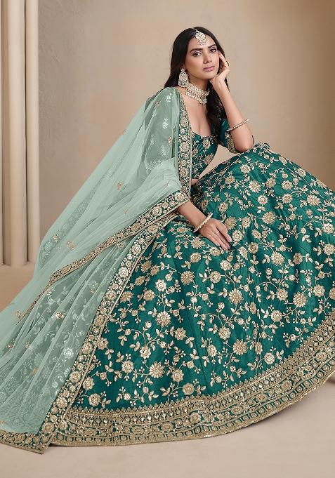 Teal Embroidered Art Silk Lehenga Set