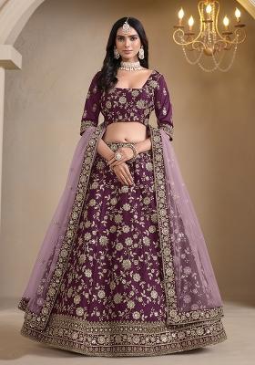 Wine Embroidered Art Silk Lehenga Set