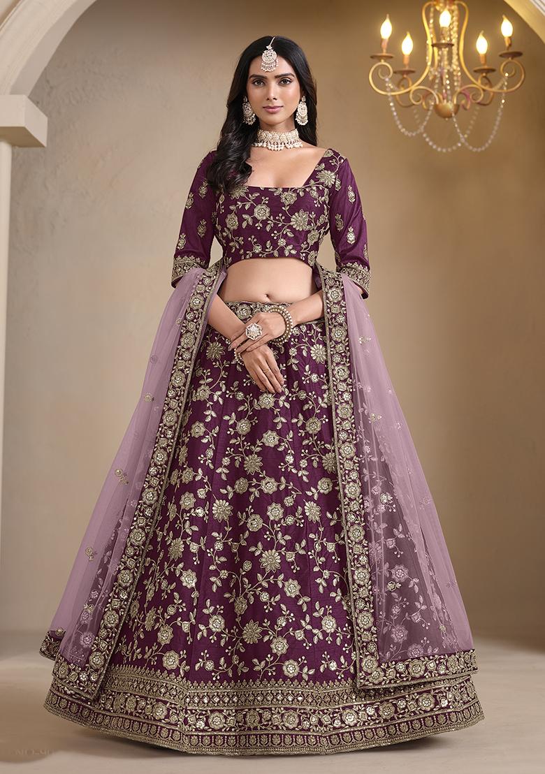 Wine Embroidered Art Silk Lehenga Set