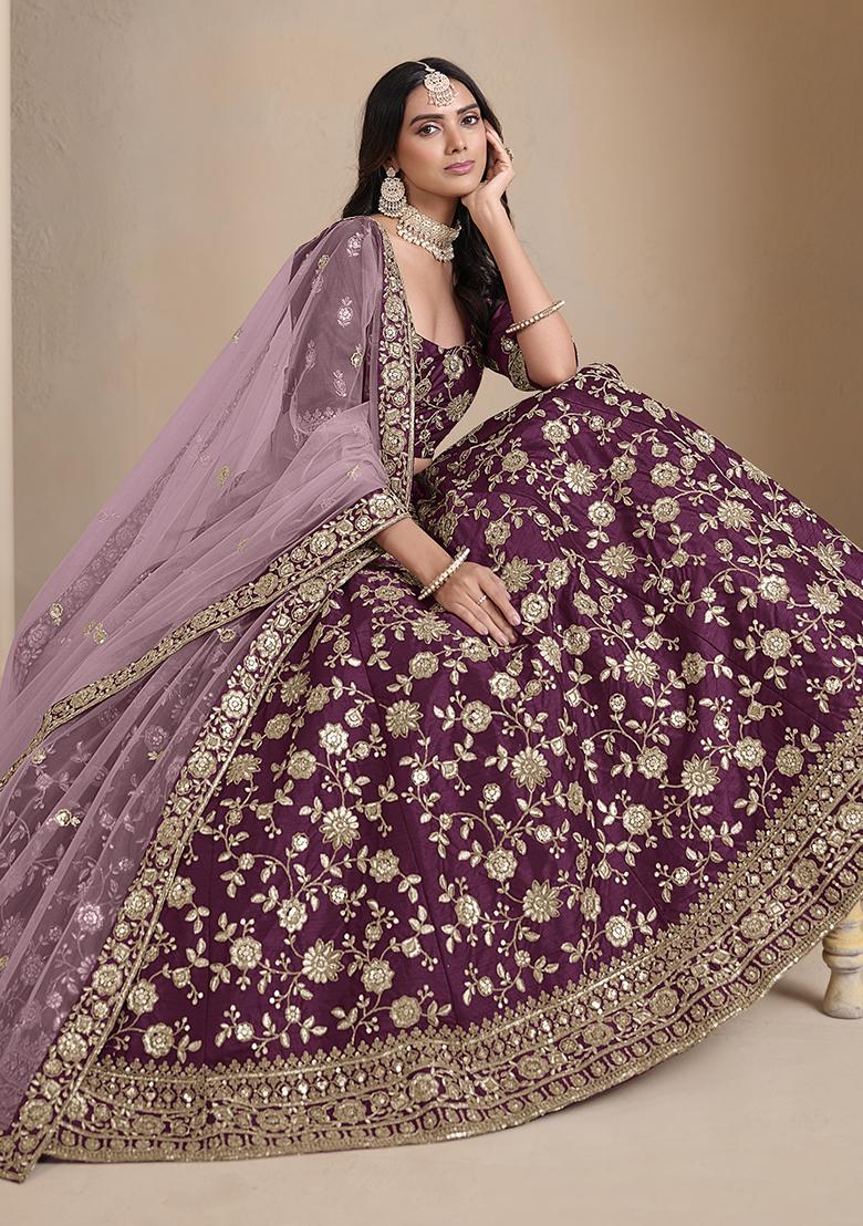 Wine Embroidered Art Silk Lehenga Set