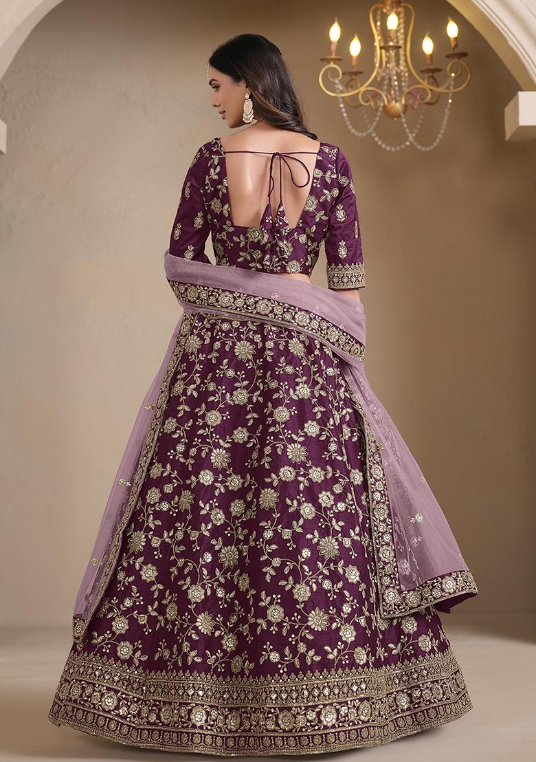 Wine Embroidered Art Silk Lehenga Set