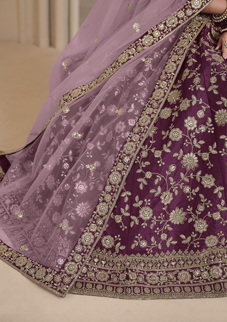 Wine Embroidered Art Silk Lehenga Set