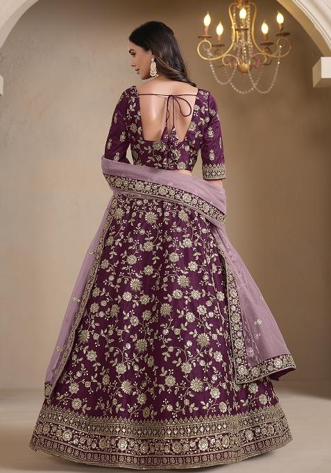 Wine Embroidered Art Silk Lehenga Set