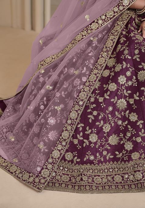 Wine Embroidered Art Silk Lehenga Set