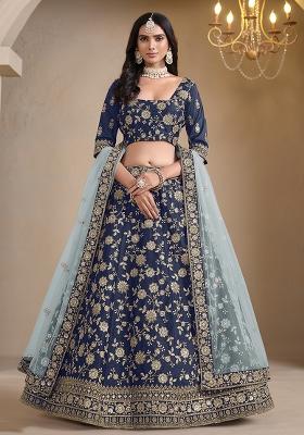 Navy Blue Embroidered Art Silk Lehenga Set