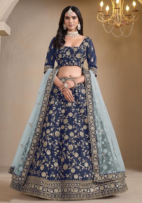 Navy Blue Embroidered Art Silk Lehenga Set