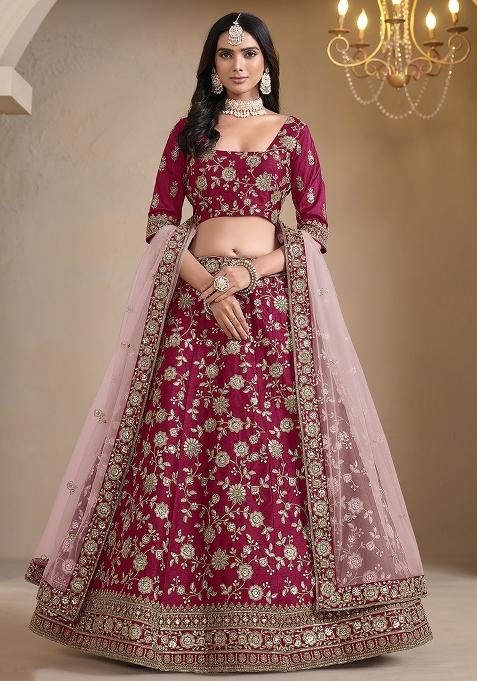 Magenta Embroidered Art Silk Lehenga Set