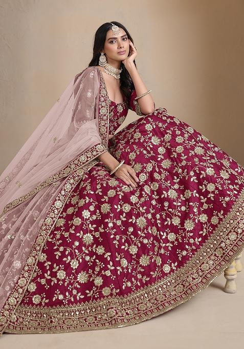 Magenta Embroidered Art Silk Lehenga Set