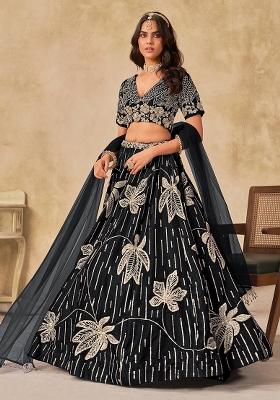 Black Embroidered Art Silk Lehenga Set