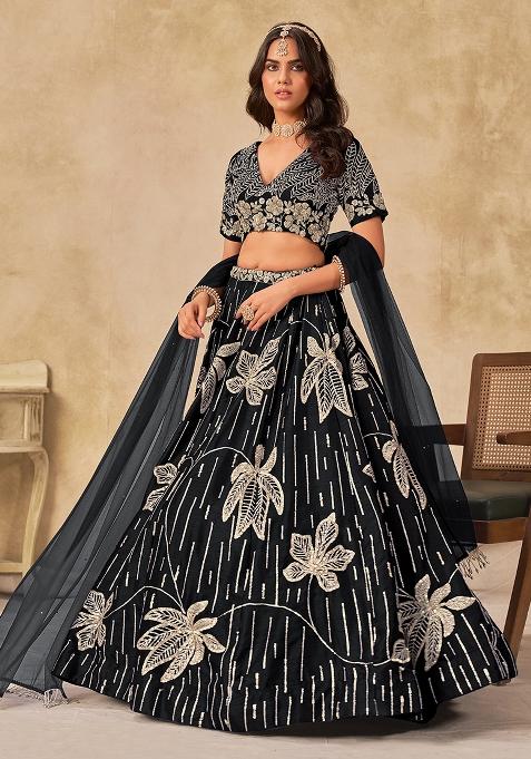 Black Embroidered Art Silk Lehenga Set