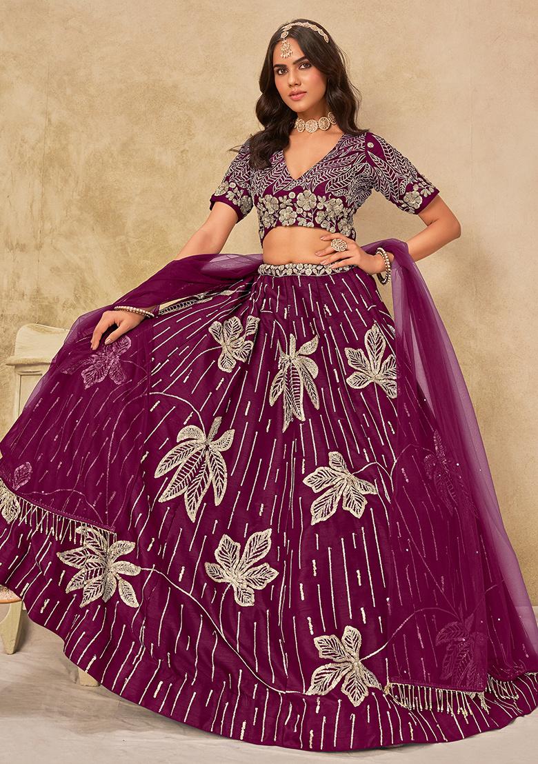 Wine Embroidered Art Silk Lehenga Set