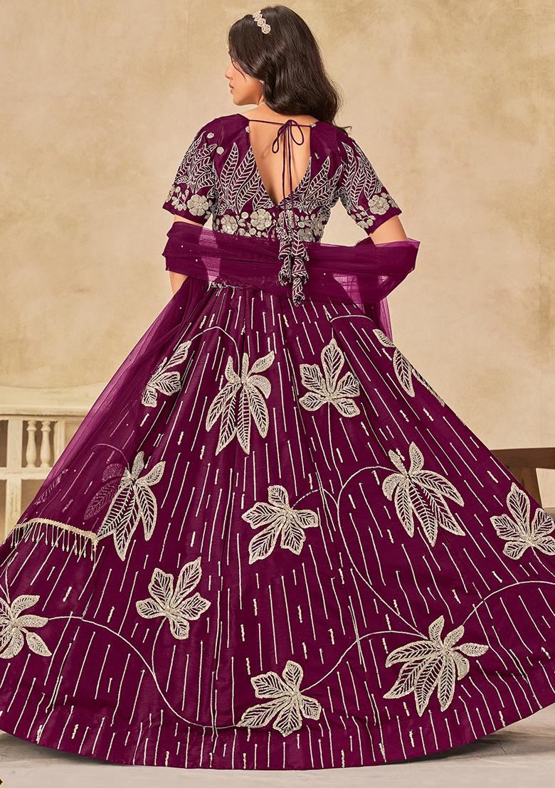 Wine Embroidered Art Silk Lehenga Set
