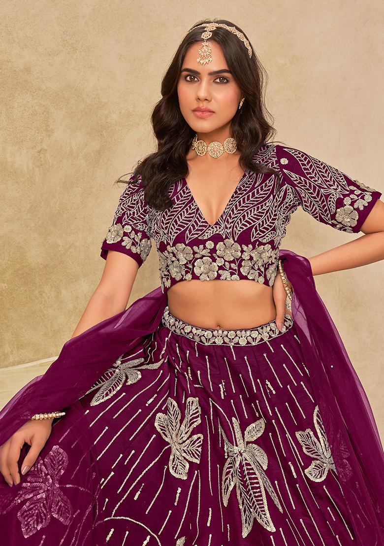 Wine Embroidered Art Silk Lehenga Set