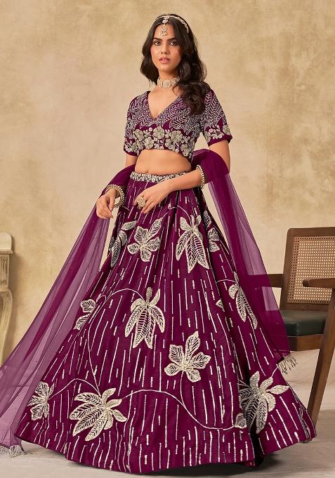 Wine Embroidered Art Silk Lehenga Set