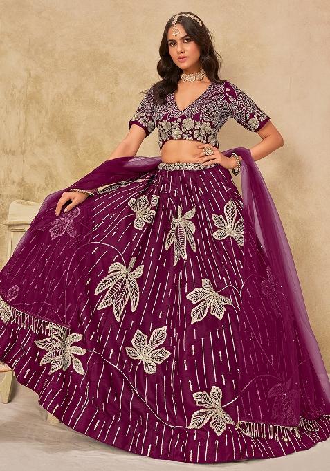 Wine Embroidered Art Silk Lehenga Set