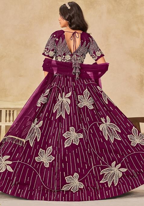 Wine Embroidered Art Silk Lehenga Set