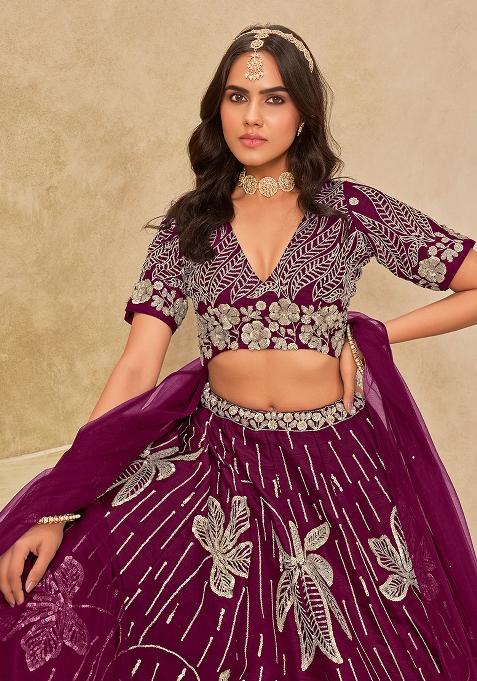 Wine Embroidered Art Silk Lehenga Set