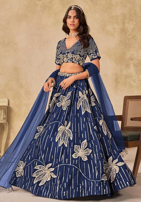 Navy Blue Embroidered Art Silk Lehenga Set