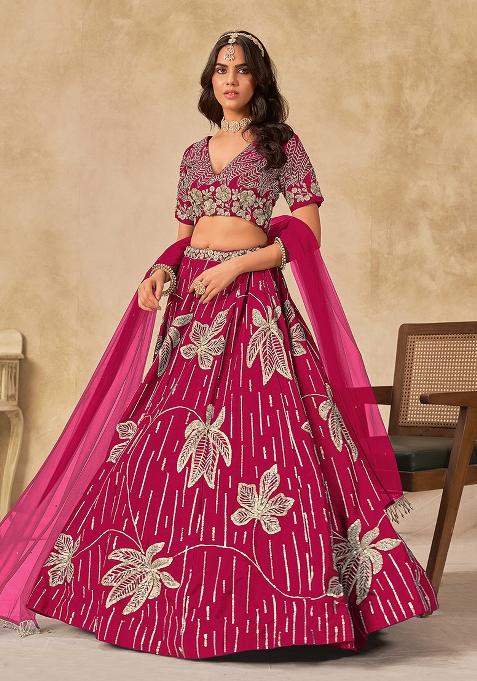 Red Embroidered Art Silk Lehenga Set