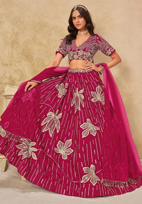 Red Embroidered Art Silk Lehenga Set