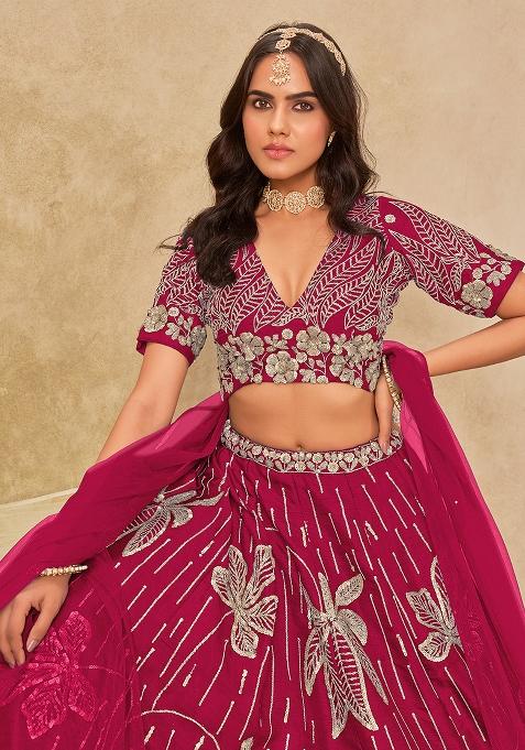 Red Embroidered Art Silk Lehenga Set