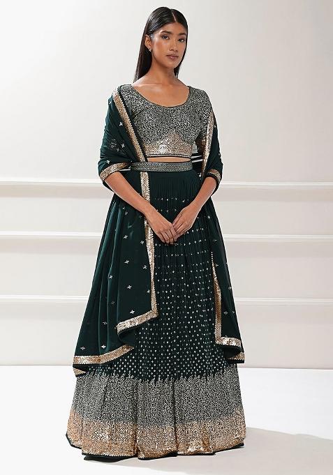 Green Embroidered Georgette Lehenga Choli