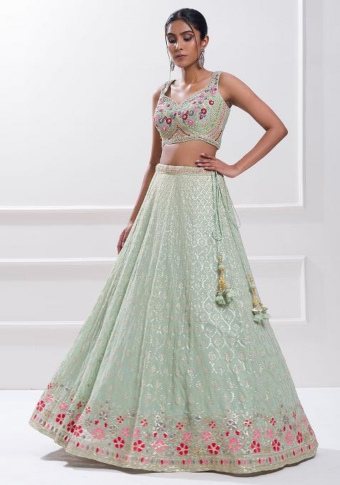 Green Embroidered Georgette Lehenga Choli