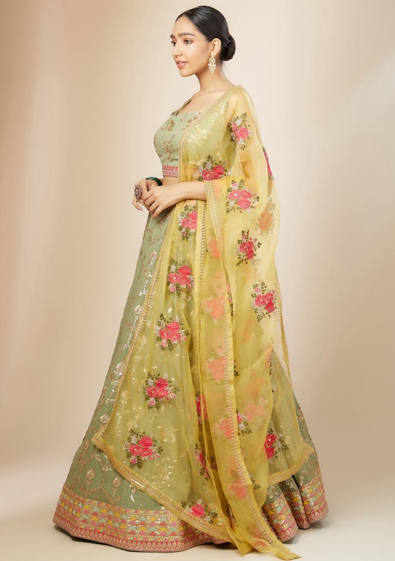 Green Embroidered Georgette Lehenga Choli