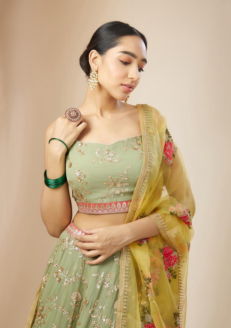 Green Embroidered Georgette Lehenga Choli