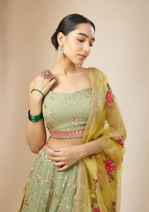 Green Embroidered Georgette Lehenga Choli