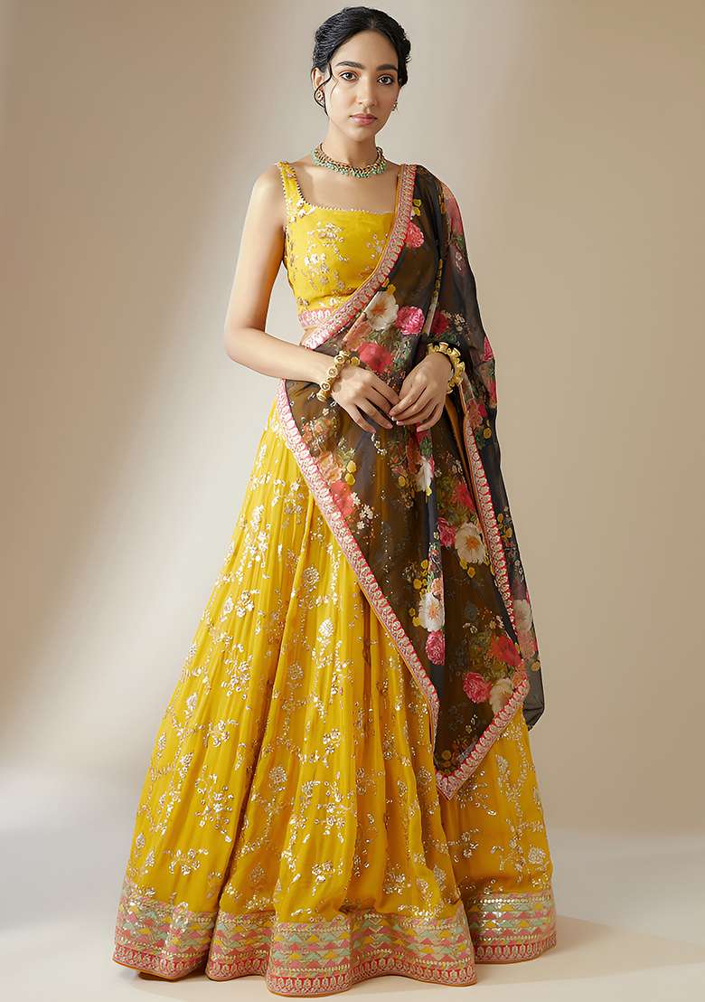 Yellow Embroidered Georgette Lehenga Choli for Diwali and Festive Wear - Indya
