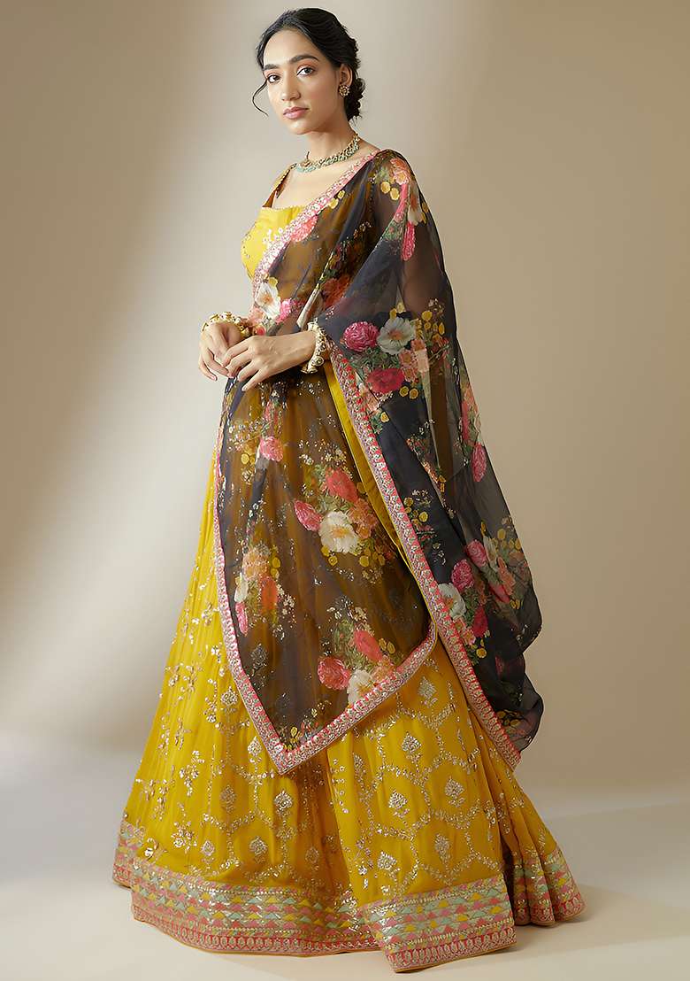 Yellow Embroidered Georgette Lehenga Choli for Diwali and Festive Wear - Indya