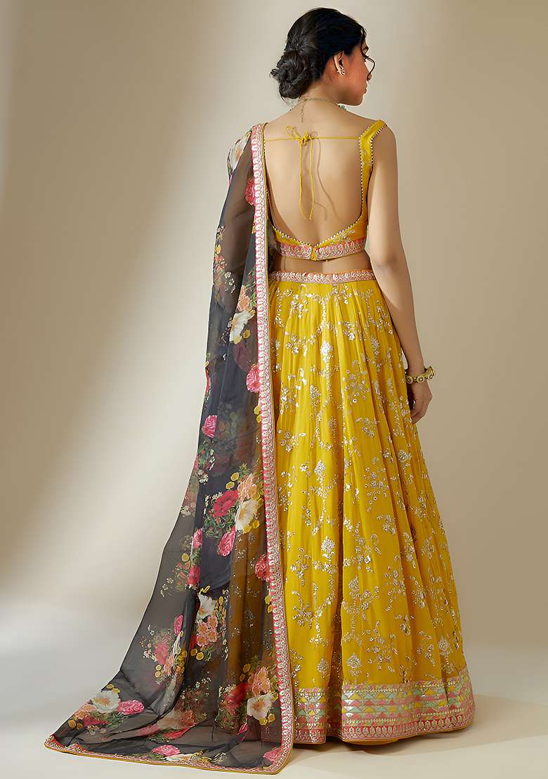 Yellow Embroidered Georgette Lehenga Choli for Diwali and Festive Wear - Indya